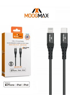 Buy Typec to lightning nylon-braided charging and sync cable 1M supports fast charing certificated from Apple black from Moogmax in Saudi Arabia