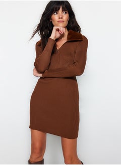 Buy Brown Mini Knitwear Faux Fur Detail Dress TWOAW24EL00022 in Egypt