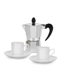 اشتري Stovetop Coffee Maker Set  Aluminum For Gas And Electric Hobs And Ceramic 2 Cups And Saucer 120ml For Couples, Perfect for Gift Ideas في الامارات