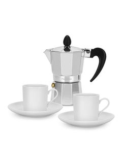 Buy Stovetop Coffee Maker Set  Aluminum For Gas And Electric Hobs And Ceramic 2 Cups And Saucer 120ml For Couples, Perfect for Gift Ideas in UAE