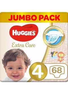 Buy Huggies Extra Care, Size 4, 8 -14 kg, Jumbo Pack, 68 Diapers in UAE