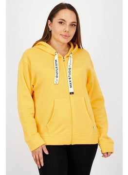 اشتري Women Hood With Drawstring Plain Full Zip Sweatshirt, Yellow في السعودية