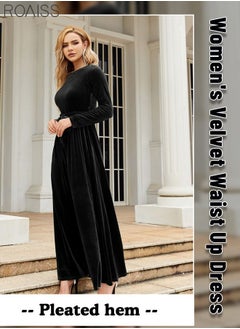 Buy Women's Fashionable Velvet Dress Long Sleeve Round Neck Banquet Dress Elegant Pleated Dress Hem Belt Tightens Ankle Length in Saudi Arabia