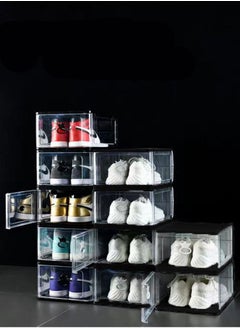 اشتري 4 Pack Foldable Stackable Plastic Shoe Box Clear Acrylic Containers and Organizer with Pull Ring Opening Door Can Fully Transparent for Display Sneakers في الامارات