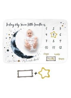 Buy Baby Milestone Blanket For Newborn Photoshoot–Large 150 x 100 Cm Moon And Stars Design Blanket–Perfect For Baby Birthday–Monthly Age Milestone Photography Prop For Boys in UAE