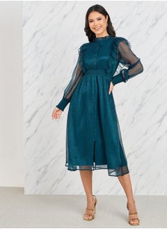 Buy Shiny Organza Frill Detail High Neck A-Line Midi Dress in Saudi Arabia