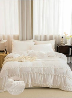 Buy King size 6 piece duvet cover set. Washable cotton white color with pom pom decor. in UAE