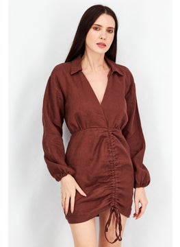 Buy Women Side Drawstring Linen Long Sleeve Mini Dress, Brown in UAE