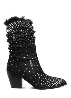 Buy Diamante & Rhinestones Denim Boots in Black in UAE