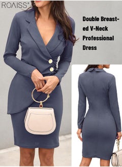 Buy Women'S Slim Fitting Blazer Dress Classic V-Shaped Lapel Long Sleeves Waist Pleated Button Decoration Back Zipper Closure in Saudi Arabia