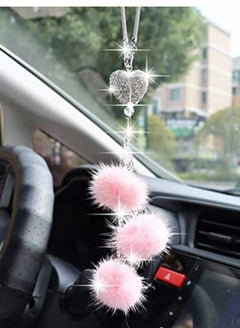 Buy Bling Car Mirror Accessories For Women And Men Love Heart Pink Plush Ball Rinestones Diamond Crystal Rear View Charms Lucky Hanging in UAE