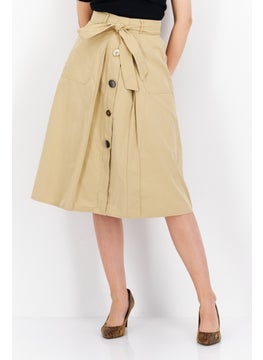 Buy Women Solid Belted Midi Skirt, Beige in UAE