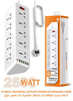 Buy 2500W 10 Ways Outlet Universal Extension Lead With 30W QC 3.0 PD USB-C Charging Port And 5 USB-A Slots Power Strip Plug Extension Electrical Socket 2 Meter Extension Cord For Home Office Surge Protect in UAE