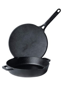 Buy Meyer Pre-Seasoned Cast Iron 2 Piece Cookware Set - 26cm Fry pan + 28cm Flat Dosa Tawa | Induction Cookware Set Combo Offer | Cast Iron Utensils for Cooking | Cast Iron Set Kitchen, Black in UAE