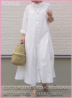 Buy Womens Cotton And Linen Shirt Dress Casual Loose Blouse Dress Solid Color Maxi Dresses Button Open And Close Dress in Saudi Arabia