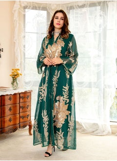 Buy Stylish New Design Dark Green Gold Beaded Embroidery Chiffon Muslim Women's Jalabiya Dubai Abaya in UAE