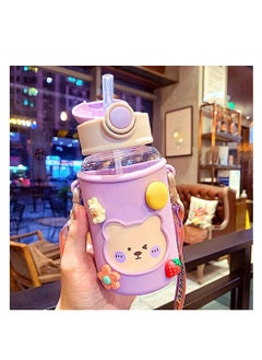 Buy Kawaii Water Bottle for Girls Cute Water Bottles with Straw, Portable Leakproof Kawaii Bear Water Bottle with Adjustable Strap and Sleeve - for School Outdoor Sports Travel, BPA-Free, 24oz (Purple) in UAE