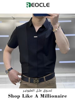 Buy Summer New Men's High-end Luxury Short-sleeved Shirts Fashionable Business Casual Versatile Slim-fitting Spliced Half-sleeved T-shirts Black in Saudi Arabia