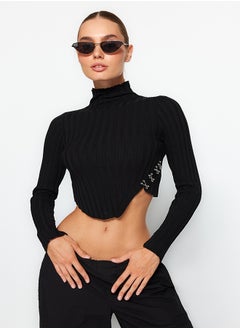 اشتري Black Super Crop Stand Collar Knitwear Sweater TWOAW24KZ00264 في مصر