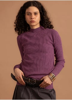 Buy Purple Ribbed Mock Neck Top in Egypt