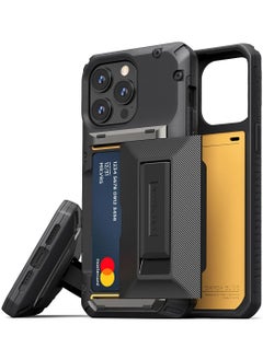 Buy Damda Glide Hybrid iPhone 14 Pro Max Case Cover Wallet with Semi Automatic Credit Card Holder Slot (3-4 Cards) & Kickstand - Black Groove in UAE