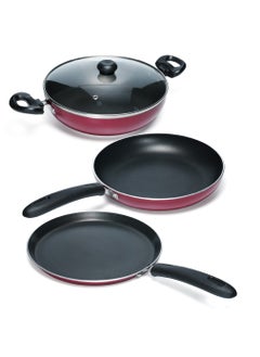 Buy 4-Piece Cookware Set Aluminum 5-Layer Super Granite Non-Stick Coated Tawa Pan Kadai Pan Fry pan Tempered Glass Lid PFOA Free FKT Maroon in Saudi Arabia