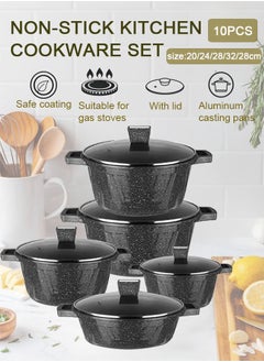 Buy 10-Piece Kitchen Cookware set, Casserole Set And Frying Pan With Non Stick Cookware sets ,Finish Glass lid PFOA-Free  20-24-28-32 cm (Deep Stockpot) + 28 cm (Shallow Stockpot)（Black） in Saudi Arabia