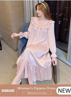 Buy Women's Long Sleeve Nightgown, Soft Comfortable Cotton Sleepwear Dress, Breathable V Neck Ice Silk Home Wear, Lounge Dress for Can Be Worn Outside in UAE