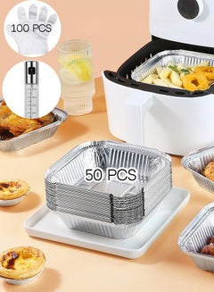 Buy 50Pcs Air Fryer Liners Greaseproof Nonstick Square Tinfoil With an Oil Bottle and 100 Pcs Transparent Gloves in UAE