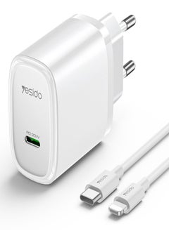 Buy Yesido YC57L PD 20W USB-C / Type-C Port Quick Charger with Type-C to 8 Pin Cable, EU Plug (White) in Egypt