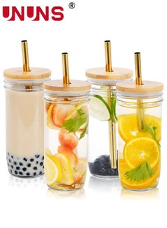 Buy 4-Piece Glass Cup Set,24 oz Coffee Mug With Lid And Golden Straw,Iced Coffee Glasses,Cute Tumbler Cup,Ideal For Coffee,Cola,juice,Gift in UAE