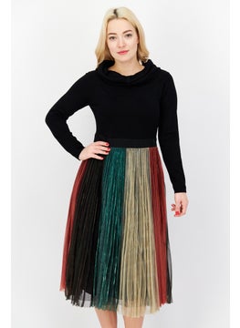 اشتري Women Pleated Midi Casual Dress, Black Combo في الامارات