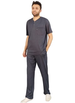 Buy Men Summer Pajama Set Printed Top & Plain Bottom - Dark Grey in Egypt