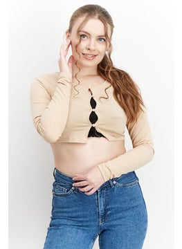 Buy Women Round Long Sleeve Button Detail Crop Top, Beige in UAE