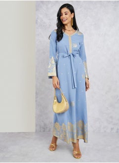 Buy Printed Detail Jalabiya with Tie Up Belt in Saudi Arabia