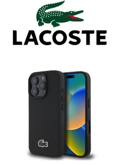 Buy IPhone 16 Pro cover, supports wireless charging, MagSafe, with original logo and faux leather design approved by the global brand Lacoste. From CG Mobile. Black in Saudi Arabia