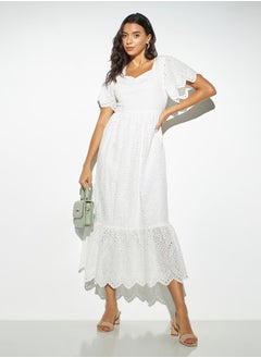 Buy 2Xtremz Schiffli Detail Dress with Flared Sleeves and Scalloped Hem in Saudi Arabia