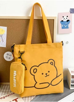 اشتري Lovely Bear Printed Student Shoulder Bag Portable Large Capacity Bookbag Foldable Tote Canvas Bag with Pencil Pouch Yellow في الامارات