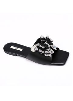 اشتري Statement Strassed Butterfly Slip On Black Leather Slipper في مصر