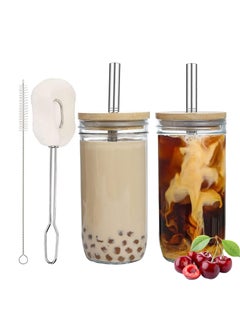 Buy 2-Pack 24 oz Reusable Boba Cups with Wood Lids and Straws - Wide Mouth Jar Smoothie Cups for Bubble Tea and Iced Coffee in UAE