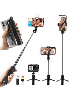 اشتري Mini Selfie Stick Tripod, Extendable 3 in 1 Selfie Stick Tripod with Remote, ​Phone Tripod with 3 Light Modes, 6 Brightness Levels, Selfie Stick for iPhone 12/11/11 Pro/XS/XR/X/8/7/6/5 Smartphones في الامارات