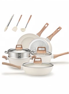 Buy Granite Medical Stone 12-piece Set Non-stick Cookware Set Pan Frying Pan, Kitchen Utensils,With Stainless Steel Lids, PFOA Free ,LEAD Free ,CADMIUM Free - Beige in Saudi Arabia