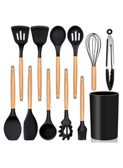 اشتري Silicone kitchen distribution set with a heat-resistant, non-stick wooden handle, consisting of 11 pieces, with a dedicated stand (black) في مصر