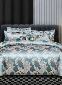 Buy Satin Jacquard King size 6 piece duvet cover set, green with grey bohemia style bedding set. in UAE