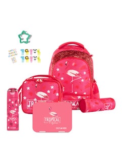 اشتري Eazy Kids 17Inch Set of 5 School Bag with Bento Box Stainless Steel 640ml Water Bottle Lunch Bag and Pencil Case - Tropical Pink في السعودية