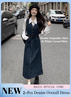 Buy Women 2 Piece Overall Dress Set Solid Color Base Layer Shirt & Loose Fit Denim Overall Skirt Waist Cinching Design for a Visual Slimming Effect Figure Enhancing Loose Fit to Flatter the Body in UAE