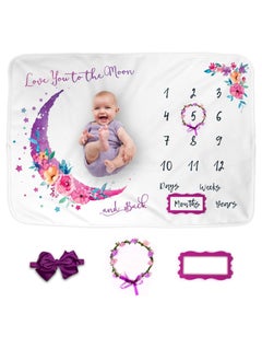 Buy Baby Milestone Blanket for Baby Girl 60in x 40in Moon Baby Month Blanket for Girls First Year Calendar Growth Chart New Moms Set Wrinkle Free Washable Dryable Headband Baby Girl Shower Gifts in Saudi Arabia