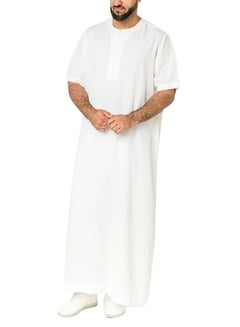 Buy Men's Muslim Loose Casual Robe Thobe Solid Color Round Neck Short Sleeve Kaftan White in UAE