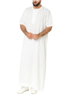 اشتري Men's Muslim Loose Casual Robe Thobe Solid Color Round Neck Short Sleeve Kaftan White في الامارات