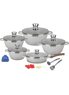 Buy Nonstick Cookware Set Granite Wok Pots and Pans with Glass Lids Marble Coated Aluminum Household Kitchenware Cooking Pots with Pans Frying Pans Stock Pots 16 Pieces (White) in UAE